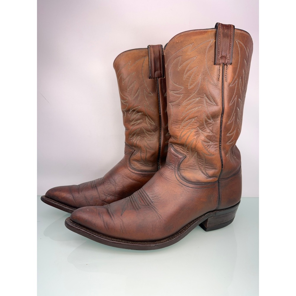Justin Cowboy Boots 10.5 D Cognac Brown Leather Heritage Western USA Vintage